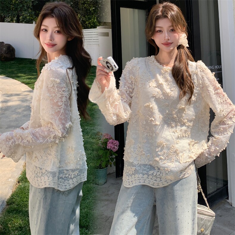 镂空蕾丝长袖上衣T恤女轻奢高级感打底衫内搭2025新款超火春夏季，女装蕾丝衫/雪纺衫，纯色衣恋