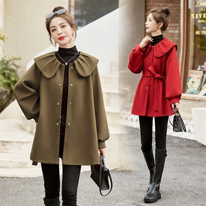 时尚显瘦红色毛呢外套女秋冬新款宽松大衣气质百搭斗篷式上衣图片
