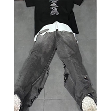 美式街头破坏刮烂破洞复古老爹裤阔腿直筒牛仔裤情侣男女NY301，男装牛仔裤，星座1116A（原606A-3）