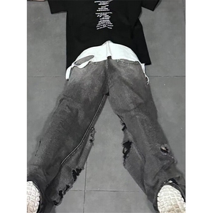 美式街头破坏刮烂破洞复古老爹裤阔腿直筒牛仔裤情侣男女 NY301图片
