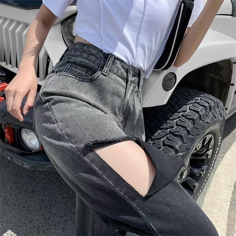 破洞牛仔裤女2025年秋季新款高腰宽松显瘦直筒小个子阔腿拖地裤潮,男装牛仔裤,星座1210-1