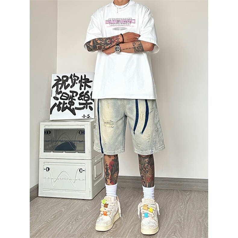 B221美式ins高街暗黑小众百搭牛仔短裤五分裤LK23090-P55控78,男装牛仔裤,电商B221