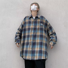 格子衬衫男长袖秋款港风复古高街潮牌痞帅宽松bf休闲外套-S3300，男装衬衫，星座601-2