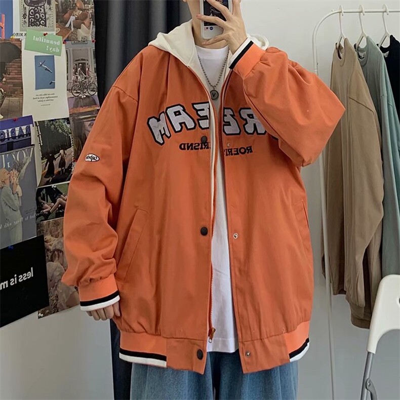 春秋季日系潮流港风假两件字母棒球服外套情侣连帽工装夹克男上衣,男装夹克,星座1210-1