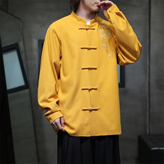 秋款衬衫新中式长袖衬衫风刺绣汉服潮唐装华夫格T2429，男装衬衫，电商A227