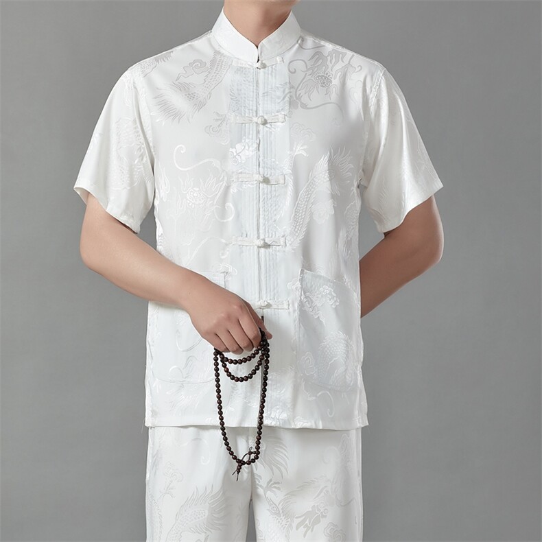 唐装冰丝男短袖套装中老年汉服春夏爸爸装男风老人爷爷太极服图片