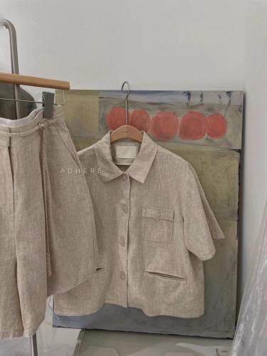 现货新款水洗麻料套装满满细节sml麻本色水洗绿，女装职业装，ADHERE