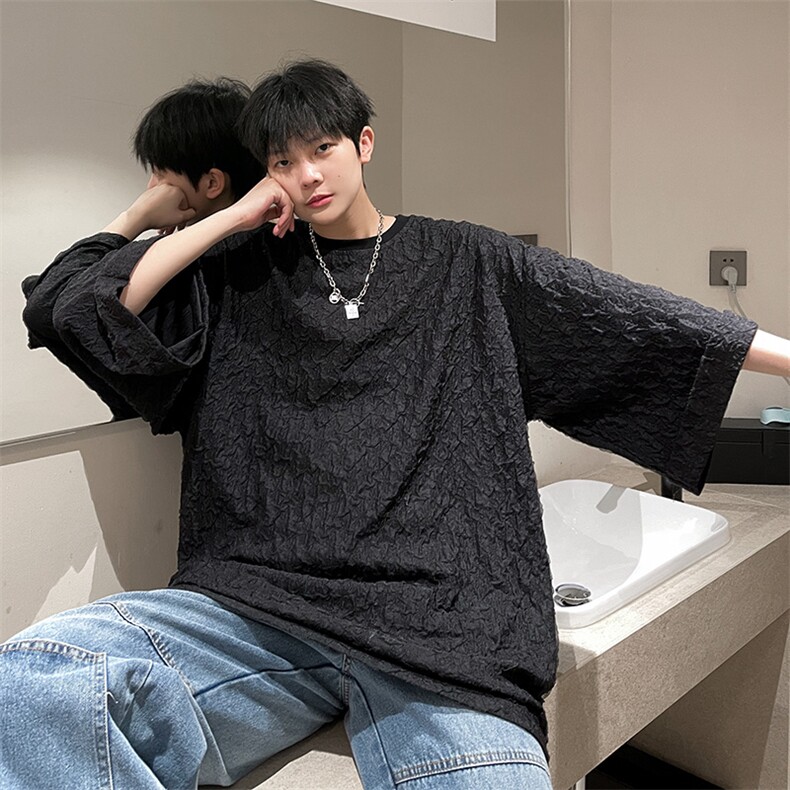 夏季短袖冰丝皱感透气T恤男潮垂感宽松半袖上衣A071-5523-P35，男装T恤，电商A071