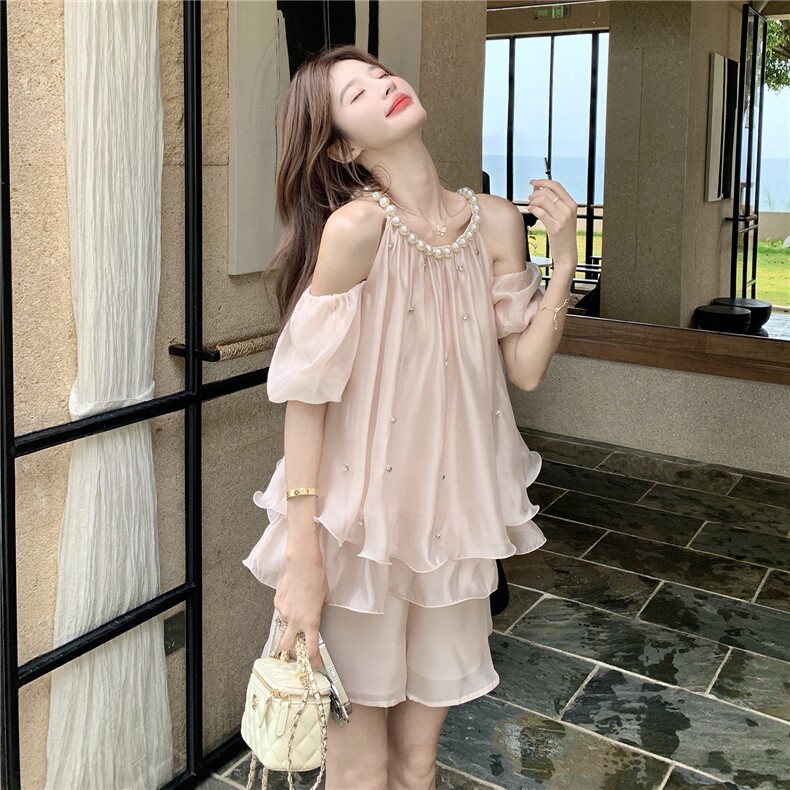 主推新款P185-K275富家千金露肩泡泡珍珠挂脖镶钻套装,女装套装/套裙,网红馆
