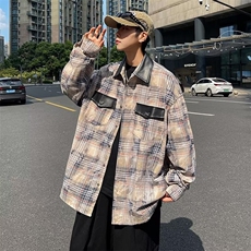 春秋PU拼皮翻领衬衫男宽松百搭格子长袖衬衣外套潮1290-P45，男装衬衫，星座910-5