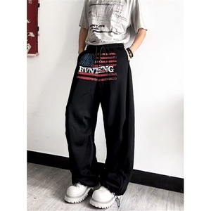 慵懒新款休闲裤男女款美式复古褶子宽松高腰长裤情侣 KM47图片