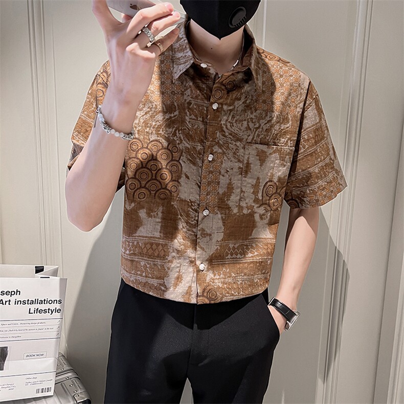 印花短袖衬衫男士社会小伙潮流半袖微宽松衬衣TZ93P50控78图片