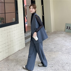蓝色轻熟风极简西装马甲套装女2025秋新款高级感高腰阔腿裤两件套，女装套装/套裙，2C210