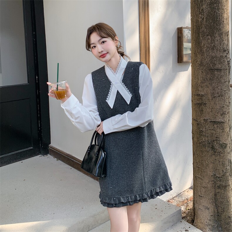 高级通勤风穿搭灰色背心连衣裙女春秋独特漂亮气质衬衫中长裙套装，女装套装/套裙，多米2-075