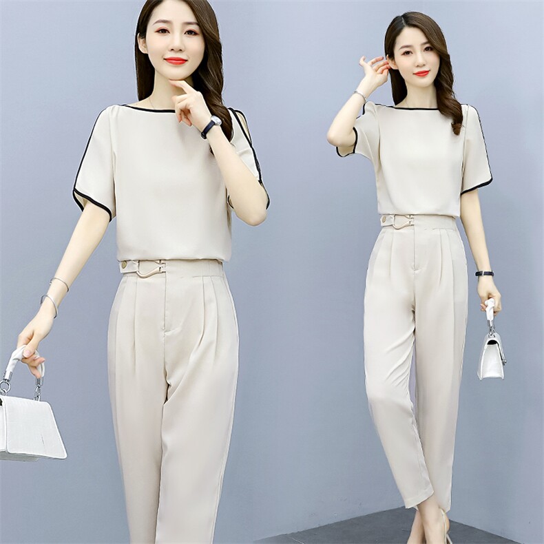 时尚减龄小脚裤套装女2021新款韩版套装修身夏装短袖两件套潮,女装职业装,丽美静依