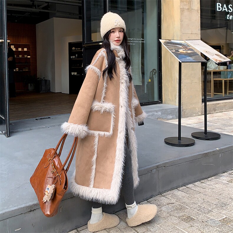 现货主推皮毛一体加厚长款210-6352-P190-K3182025年冬季，女装羊羔毛/颗粒绒，浙宝210（原浙宝191）