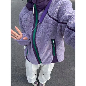 高品 撞色拼接加厚保暖羊羔毛开衫连帽摇粒绒外套男女 A1144-P108图片