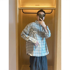 网图有货秋季复古老钱风格子拼接长袖衬衫男宽松衬衣女A926-P48，男装衬衫，星座1505