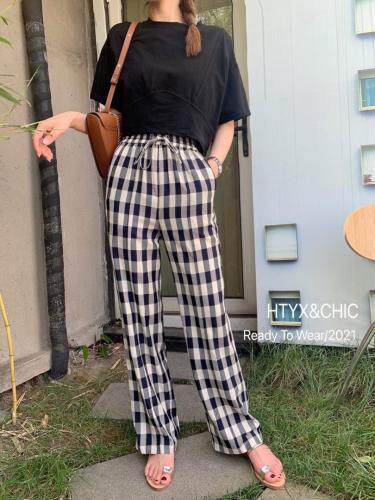 现货夏季新款，欧货格子裤配高腰T恤，女装T恤，HTYX(6F)