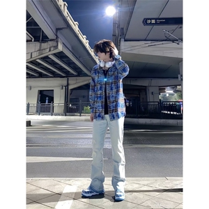 春季长袖衬衫外套男高级感痞帅美式格子扎染翻领CG40-P42图片