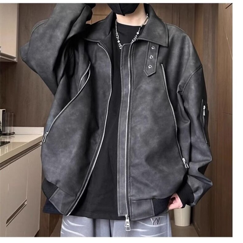 733新款美式复古pu皮夹克潮牌加厚情侣皮衣外套宽松机车服,男装皮衣,星座308A-1（原309B-1）