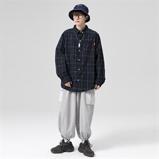 2021秋季新无影墙日系港风百搭大码宽松男扣领格子衬衫C510-P40，男装衬衫，电商A001