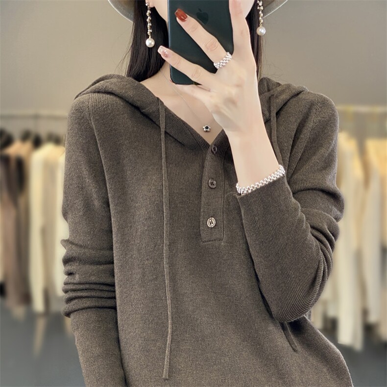 灰色连帽卫衣女春秋薄款带帽打底衫宽松慵懒帽衫短款上衣针织外套,针织衫/毛衣,雪真羊绒
