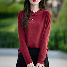 优雅女士秋冬打底衫新中式简约时尚显瘦百搭长袖针织衫，女装针织衫/毛衣，绒宛羊绒