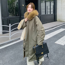 军绿色中长款大毛领连帽羽绒棉服女冬季超火好看加厚棉衣棉袄外套，女装短外套，2B183