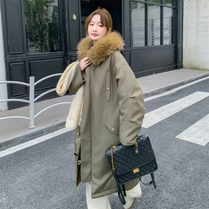 军绿色中长款大毛领连帽羽绒棉服女冬季超火好看加厚棉衣棉袄外套图片