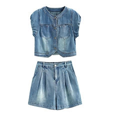 2024年夏装新款薄款洋气显瘦小个子短裤套装牛仔时尚气质两件套，女装套装/套裙，瑶迪依秀