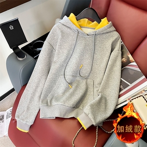 女秋冬加绒撞色连帽卫衣阔腿裤套装图片