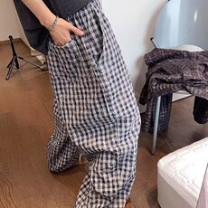 拉夏贝尔冰丝棉木耳边格子阔腿裤女夏日薄款松紧腰直筒九分休闲裤，男装休闲裤，星座506A