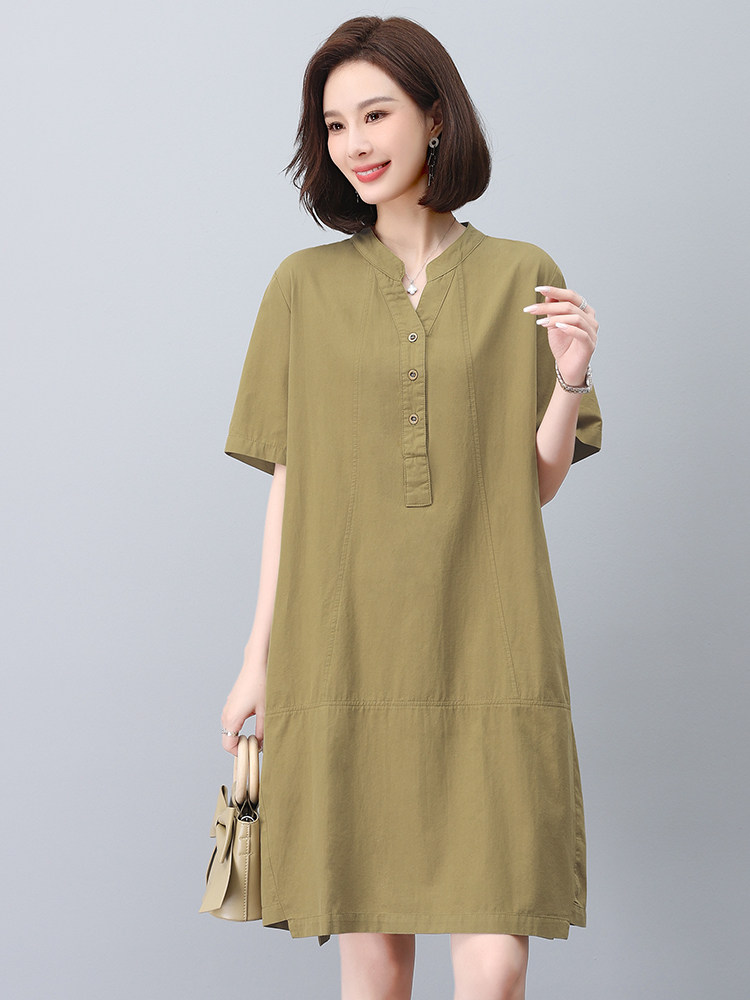 亚麻连衣裙女短袖2025夏季新款宽松休闲妈妈显瘦遮肉中长棉麻裙子,女装连衣裙,悦见她