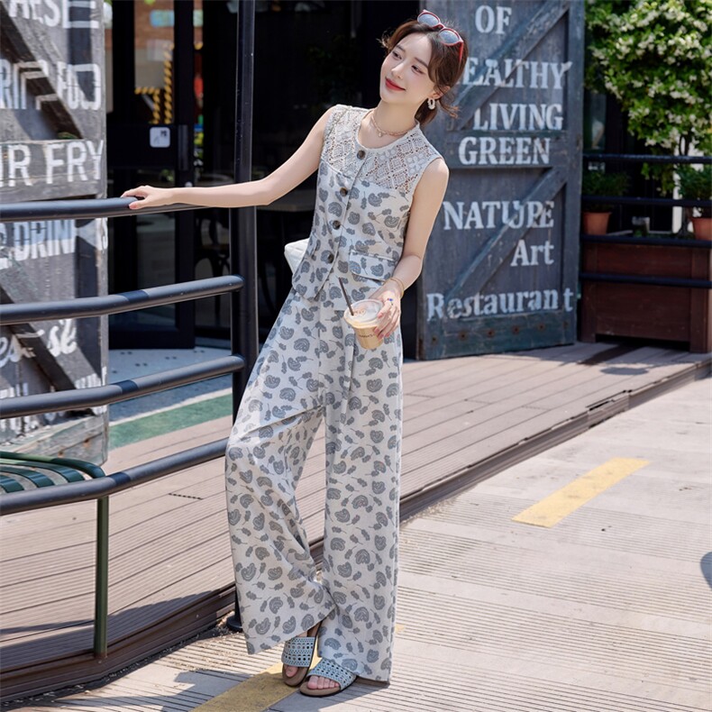 2025夏装新款民族风蕾丝镂空拼接印花宽松两件套,女装套装/套裙,慕依路