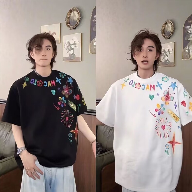 夏季手绘涂鸦印花小众设计T恤男美式圆领潮牌情侣短袖重磅五分袖,男装T恤,星座1210-1
