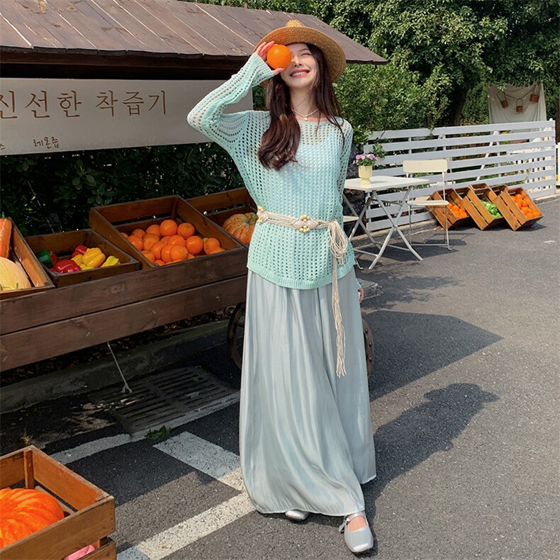 氛围感穿搭蓝色套装裙女2025春秋季新款镂空针织上衣半身裙两件套，女装套装/套裙，灵力轩