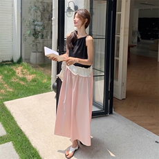粉色拼接无袖连衣裙女夏2024新款韩系赫本风别致设计感a字裙爆款，女装连衣裙，2C098