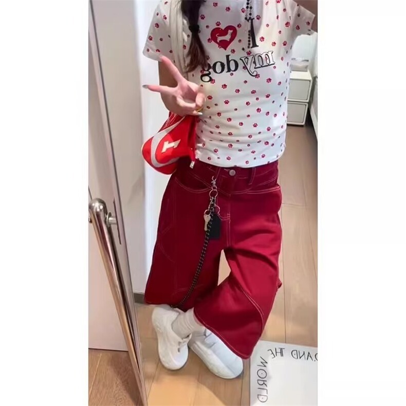 美式高街明线解构牛仔七分裤女夏季宽松百搭多口袋工装直筒中裤子,男装牛仔裤,星座1210-1