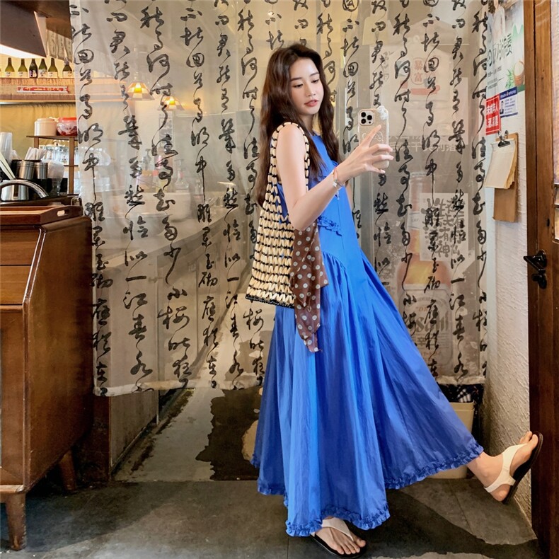 减龄休闲蓝色无袖背心连衣裙女夏季2025新款显瘦木耳边拼接长裙潮,女装连衣裙,维壹