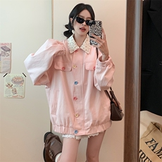 粉色小碎花牛仔外套女春秋季新款设计感撞色翻领夹克上衣C840-P98，男装工装外套，星座911-2(原星座613-2）