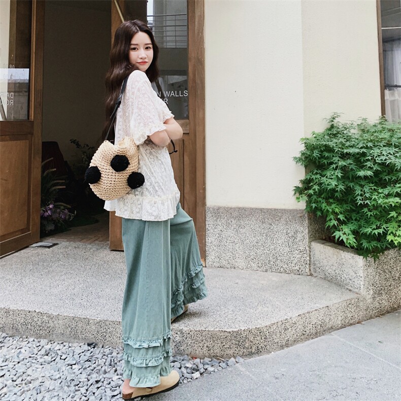 森系甜美蕾丝短袖T恤木耳边阔腿裤两件套女2025夏季新款休闲气质,女装套装/套裙,浙宝217