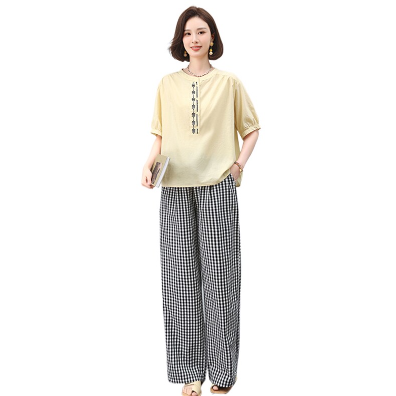 叶笙衣套装2538-133宽松刺绣T恤格子裤套装,女装套装/套裙,叶笙衣