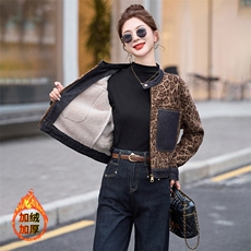 高端欧货冬季加绒小众设计感复古豹纹圆领拉链夹克外套上衣短款女，女装羊羔毛/颗粒绒，江南女神
