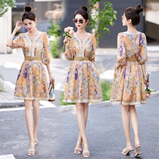 欧货2025夏季新款时尚洋气V领系绳收腰显瘦印花中长款连衣裙女潮，女装连衣裙，关键词
