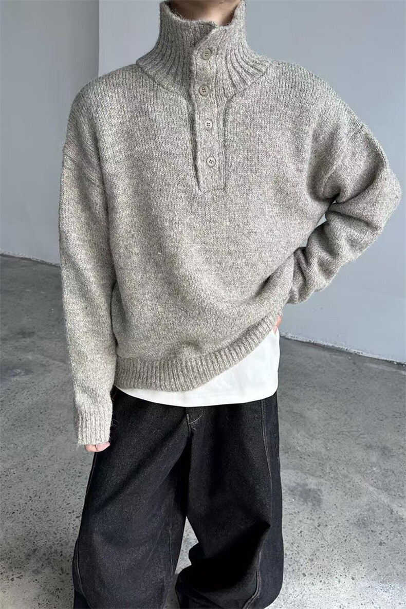 网图老钱风半高领毛衣男秋冬重磅800g纽扣针织衫外套-A2329TP68,男装针织衫/毛衣,电商B241