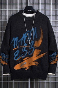 1日系圆领宽松中性情侣潮流大码M-5XL印花毛衣男7922P55加绒P70图片
