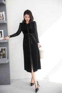 【现货】秋季新款时尚修身显瘦系腰带中长款丝绒连衣裙，女装连衣裙，名怡