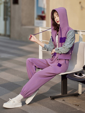 现货-主推牛仔拼接设计感两件套女2024春季新款连帽套装女，女装套装/套裙，梦懿尔