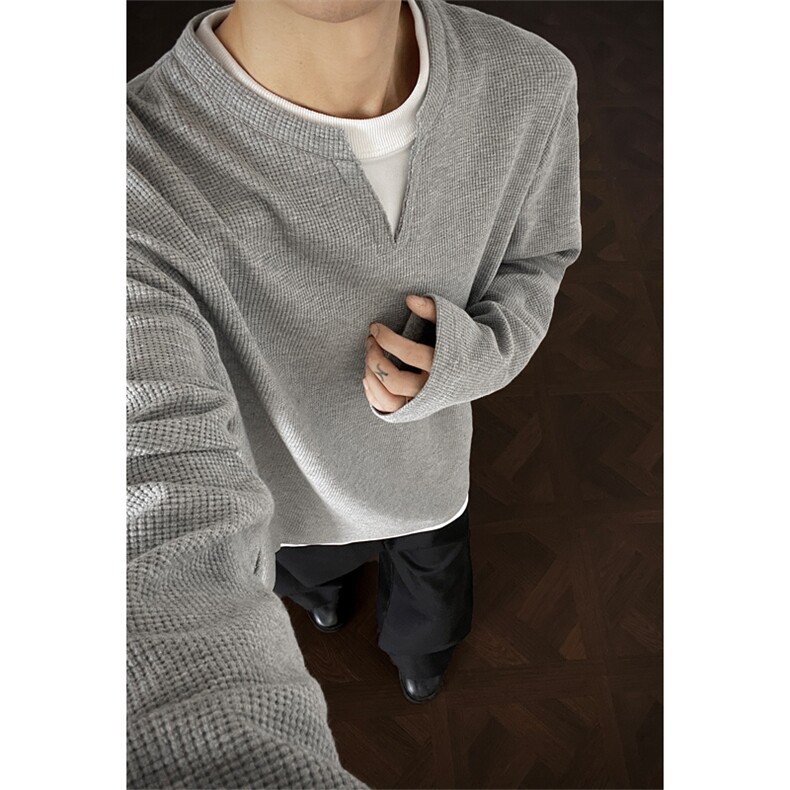 假两件长袖t恤男生秋季慵懒风纯色简约上衣服复古cleanfit体恤衫，男装T恤，电商A022